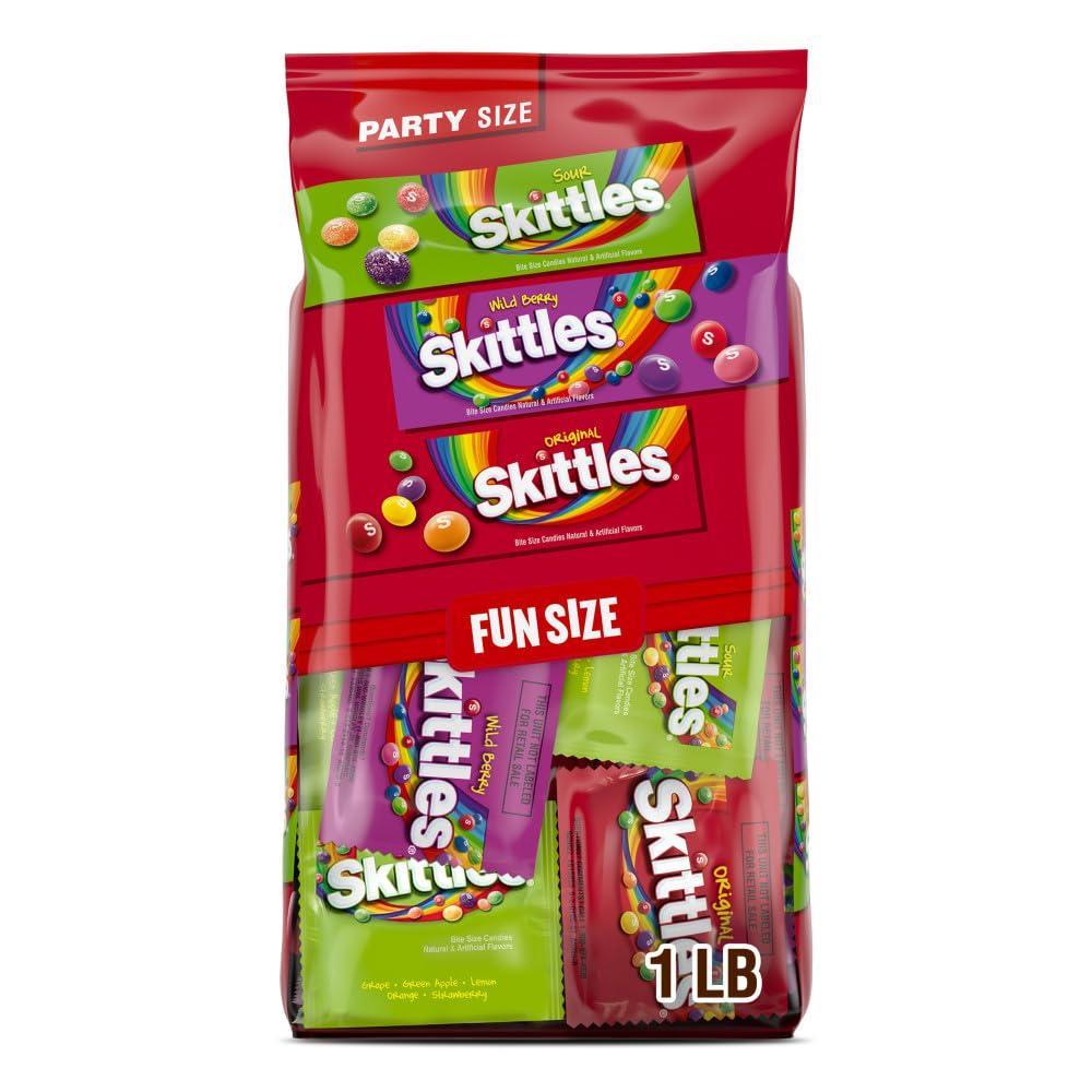 image:imageWrigleys Skittles Fun Size Original Wild Berry and Sour Chewy Individually Wrapped Stocking Stuffers Christmas Candy Variety Pack 2646 Oz Bulk Bag
