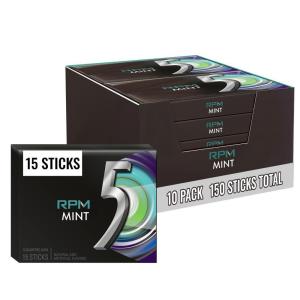 5 Gum Spearmint Rain Sugar Free Chewing Gum Bulk, 15 Stick Box (Pack of 10)(RPM Mint)