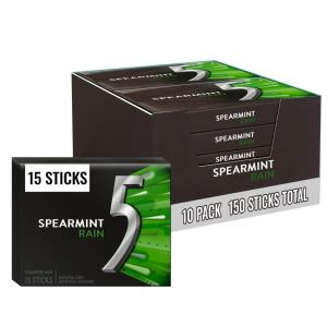 5 Gum Spearmint Rain Sugar Free Chewing Gum Bulk, 15 Stick Box (Pack of 10)(Spearmint Rain)