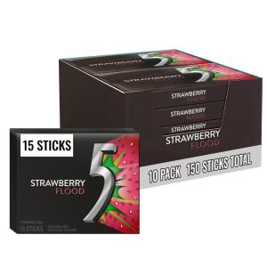 5 Gum Spearmint Rain Sugar Free Chewing Gum Bulk, 15 Stick Box (Pack of 10)(Strawberry Flood)