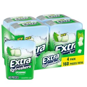 EXTRA Gum Refreshers Spearmint Bulk Chewing Gum – Sugar-Free, 40 Piece Resealable Bottle Pack of 4(Spearmint)