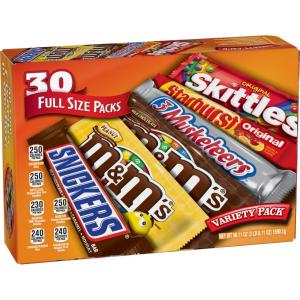 Mars M&M’S, SNICKERS, 3 MUSKETEERS, SKITTLES & STARBURST Variety Pack Full Size Bulk Candy Assortment, 56.11 oz, 30 Count(Full Size)