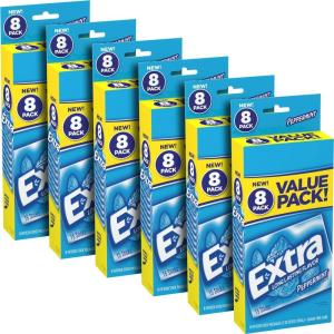 EXTRA Chewing Gum Sugar-Free, Spearmint Flavor, 8 ct/Box, Pack of 6 (48 Count Total) Bulk, Mint Gum(Peppermint)